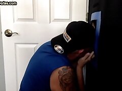Mature DILF gobbling and jerking off gloryhole cock
