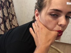 'Passionate blowjob with red lips and anal right on the table'