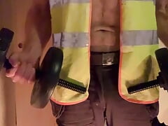 Request to wear his tradie gear and to strip while using dumbbells