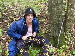 A stranger with a cocky guy fucks a cute twink, placing him doggy style against a tree until he cums - 376