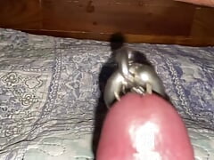 Chained pierced cock with long red toenails masturbation and tease