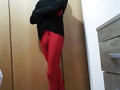 Fun at home wearing a red Zentai costume