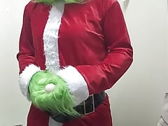 Christmas Grinch cosplay vibrates orgasm until moanibg loudly