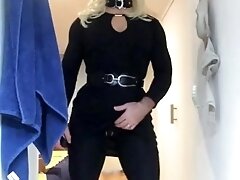 'Brigitte's Black dress (trans, crossdress, mask, female mask, fetish, blonde, pantyhose, high heels)'