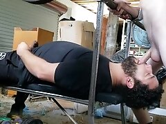 'Nice cock gives deep throat workout on the weight bench'