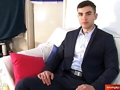 'In suit insurrer guy gets wanked his big cock in spite of him. Alex'