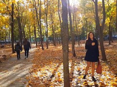 'Warm Autumn- NO PANTIES # Up Coat NO PANTIES in Public Park'