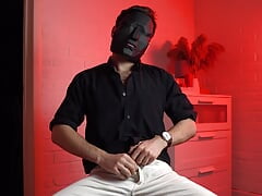 Masked handsome man Noel Dero watches kinky porn and jerks off. Loud moans and orgasm of a young guy.